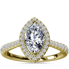 Anillo de compromiso de diamante de talla marquesa con halo y detalle de puente de diamantes en oro amarillo de 14 k (1/3 qt. total)